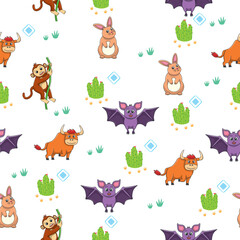 Obraz premium Cute wild animals seamless pattern for baby shower decor, nursery print, kindergarteen wallpaper, fabric, and textile. Vector illustration