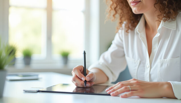 a businesswoman writes with a stylus on a tablet in close-up