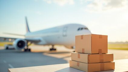 a stack of cardboard boxes on the background of a cargo plane