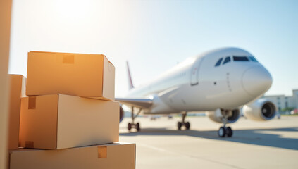 a stack of cardboard boxes on the background of a cargo plane