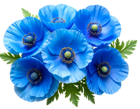 Top-Down Azure Blue Poppy Cluster with Slate Green Leaves, Minimalist Flat Lay