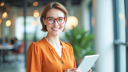 a bright female manager with a tablet in her hands in the office