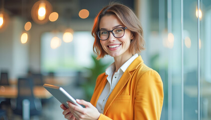 a bright female manager with a tablet in her hands in the office