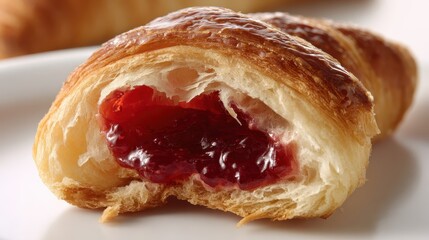 Close-up of a croissant filled with red fruit jam.