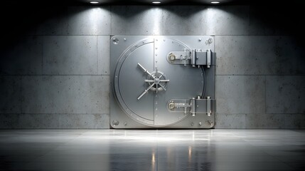 Large, metallic security vault door in a concrete room.