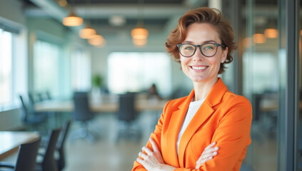 A bright female manager with her arms crossed over her chest in a bright office