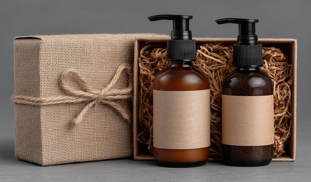 Luxury body wash in amber glass bottles with blank white labels and black pump heads, paired with natural jute gift box on gray background for branding mockup and packaging design concept