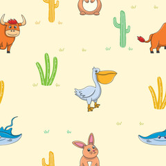 Cute wild animals seamless pattern for baby shower decor, nursery print, kindergarteen wallpaper, fabric, and textile. Vector illustration