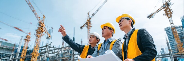 Civil engineering project team on high-rise development site, Asian professionals collaborating under bright sky, with machinery, tower cranes, and steel frames behind them