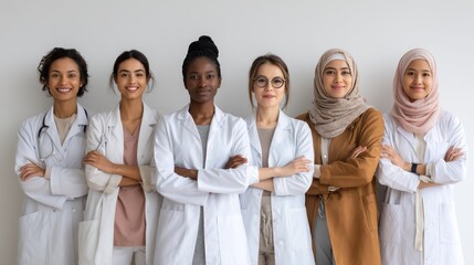 Diverse group of female doctors of different ethnic backgrounds standing together, arms linked or side by side, isolated on white background, promoting equality in healthcare