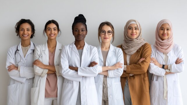 Diverse group of female doctors of different ethnic backgrounds standing together, arms linked or side by side, isolated on white background, promoting equality in healthcare