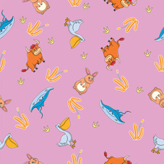 Cute wild animals seamless pattern for baby shower decor, nursery print, kindergarteen wallpaper, fabric, and textile. Vector illustration