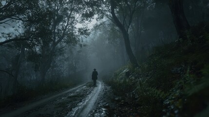 A solitary figure walks along a misty forest path, surrounded by dense trees and fog.