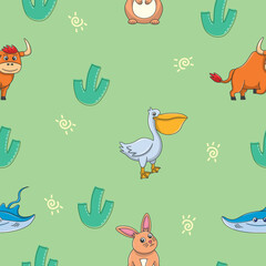 Cute wild animals seamless pattern for baby shower decor, nursery print, kindergarteen wallpaper, fabric, and textile. Vector illustration