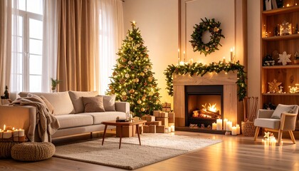 Festive Christmas Background with Cozy Warm Lights and Traditional Decorations – Perfect for Holiday Design or Greeting Card Templates
