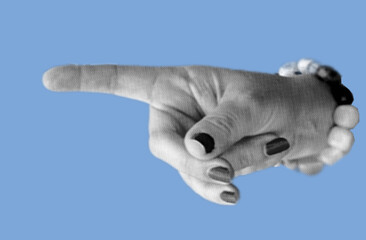 Fototapeta premium Close up of women hand gesture pointing pixelate grayscale color halftone dotted texture style collage element isolated on blue background