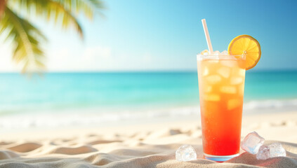 a glass with a fruit drink with ice on the background of a tropical beach