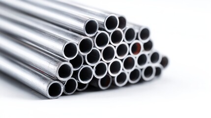 Fototapeta premium Close-up of bundled industrial tubing with hollow centers facing camera, uniform structure and clean finish, isolated on bright white background, ideal for product catalog layout