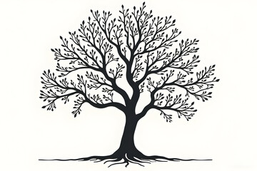 Stylized Tree Silhouette with Branches and Leaves on White Background