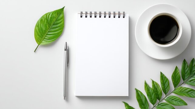 Minimalist office table layout from top view, notebook and pen aligned, fresh green leaf and coffee cup on side, large white space for design or quote insertion - Powered by Adobe