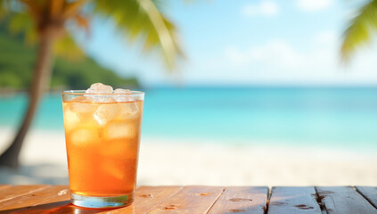 a glass with a fruit drink with ice on the background of a tropical beach