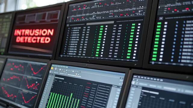 Computer Monitors Displaying Intrusion Detected Alert in Office