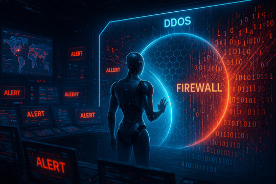 Cybersecurity Defense Illustration &ndash; AI Firewall Blocking DDoS Attack in Alert System Control Room
