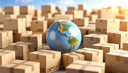 Globe amidst shipping boxes