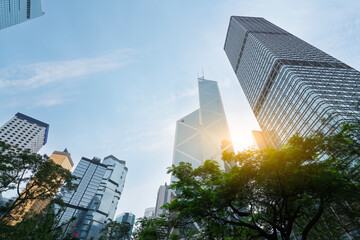 Modern City Skyline with Lush Green Trees