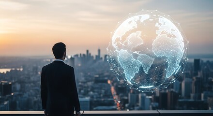 Photo of a businessman looks at a global digital network over a cityscape at sunset