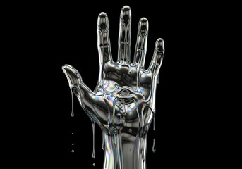 Metallic hand dripping liquid silver against black background