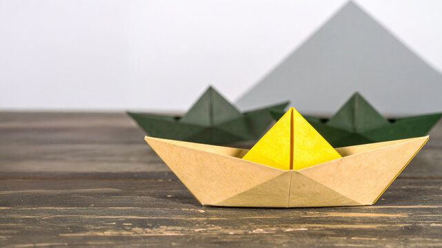 A yellow paper boat with a triangular sail is in the foreground, with two out-of-focus green paper boats and a white pyramid in the background, on a rustic wooden surface.