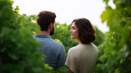 Couple exploring vineyard together, tasting wine, surrounded by lush green grapevines, enjoying peaceful outdoor moment