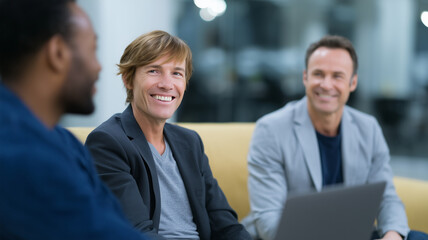 Smiling consultants in suits having relaxed business discussion on sofa in modern office setting
