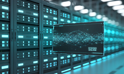 Fototapeta premium Futuristic Data Center with Digital Network Visualization and Server Racks