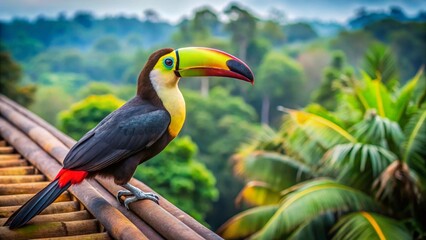 Obraz premium A colorful toucan with a huge beak sits on a branch in the wild rainforest