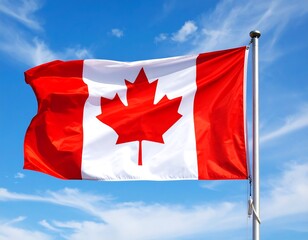 Canadian flag waving in blue sky (2)