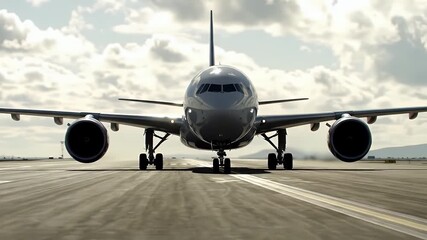 Commercial Passenger Plane on Runway Bathed in Sunlight Under Cloudy Skies Airport Transportation
