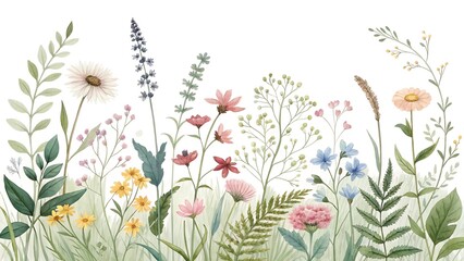 Watercolor seamless floral border with autumn wildflowers