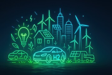 Green hydrogen infrastructure. Illustration of eco-friendly technology with hydrogen cars, wind turbines, solar panels, and energy symbols.
