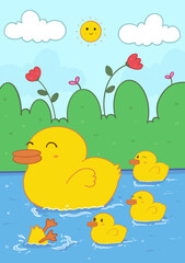 Cute Duck Illustration with Scenery for Artprint or wallpaper