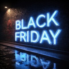 Digital neon sign on brick wall saying 'Black Friday Deals' in cyberpunk style, reflective wet street, noir mood