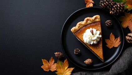A slice of pumpkin pie on a dark plate, surrounded by autumn leaves and pine cones (1)