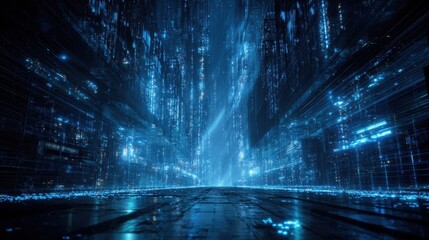 Futuristic Digital Cityscape with Glowing Blue Data Streams