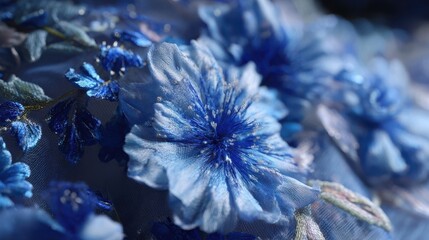 Delicate Blue Floral Embroidery on Sheer Fabric