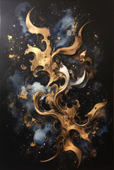 sculptural abstract forms in space, rich textures with metallic highlights, dynamic tension between organic and geometric shapes