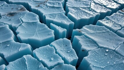 Glaciers and icebergs in distance create stunning landscape of cracked blue ice, showcasing nature beauty and intricate patterns