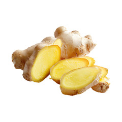 Freshly sliced ginger root with its vibrant yellow flesh and textured skin isolated on transparent background