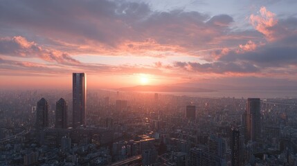Sunset Over a Modern Cityscape with Skyscrapers and Cloudy Sky