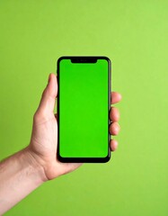 Hand holding smartphone with green screen against green background